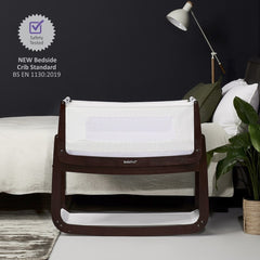 SnuzPod⁴ Bedside Crib 3-in-1 (Espresso) - showing the crib`s safety testing compliance