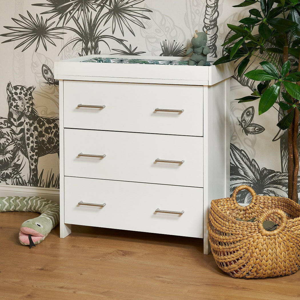 Obaby Nika Changing Unit (White Wash) - lifestyle image, shown here with the changing section attached (changing mat and toys not included)
