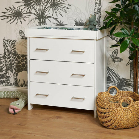 Obaby Nika Changing Unit (White Wash) - lifestyle image, shown here with the changing section attached (changing mat and toys not included)
