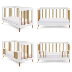 Obaby MAYA Cot Bed (White with Natural) - shown here transitioning from a cot to a junior bed using the included safety rails (mattress not included, available separately)