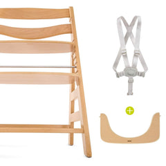 Hauck Alpha+B Wooden Highchair Natural - showing the highchair, protective bar and safety harness