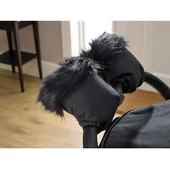 Clair De Lune Universal Pushchair/Pram Faux Fur Mittens (Black) - showing the mittens fitted to a pushchair