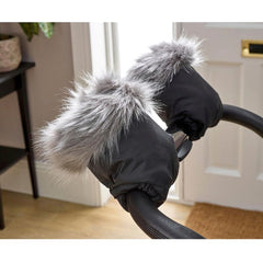 Clair De Lune Universal Pushchair/Pram Faux Fur Mittens (Grey) - showing the mittens fitted to a pushchair