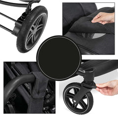 Hauck Uptown Duo Twin Pushchair (Melange Black) - showing some of the double stroller`s features: puncture resistant wheels, mesh viewing window, padded bumper bar and swivelling lockable wheel