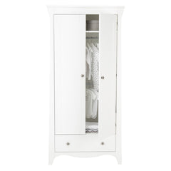 CuddleCo Clara Double Wardrobe (White) - showing the wardrobe`s interior with its fixed shelf and two hanging rails
