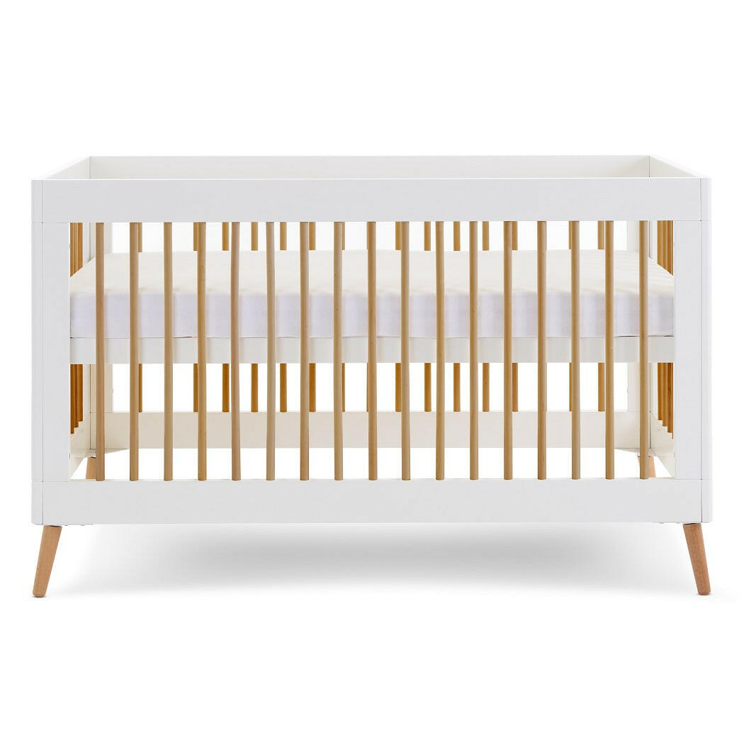 Obaby MAYA 2 Piece Room Set (White with Natural) - showing the cot with the mattress base at its highest level (mattress not included, available separately)