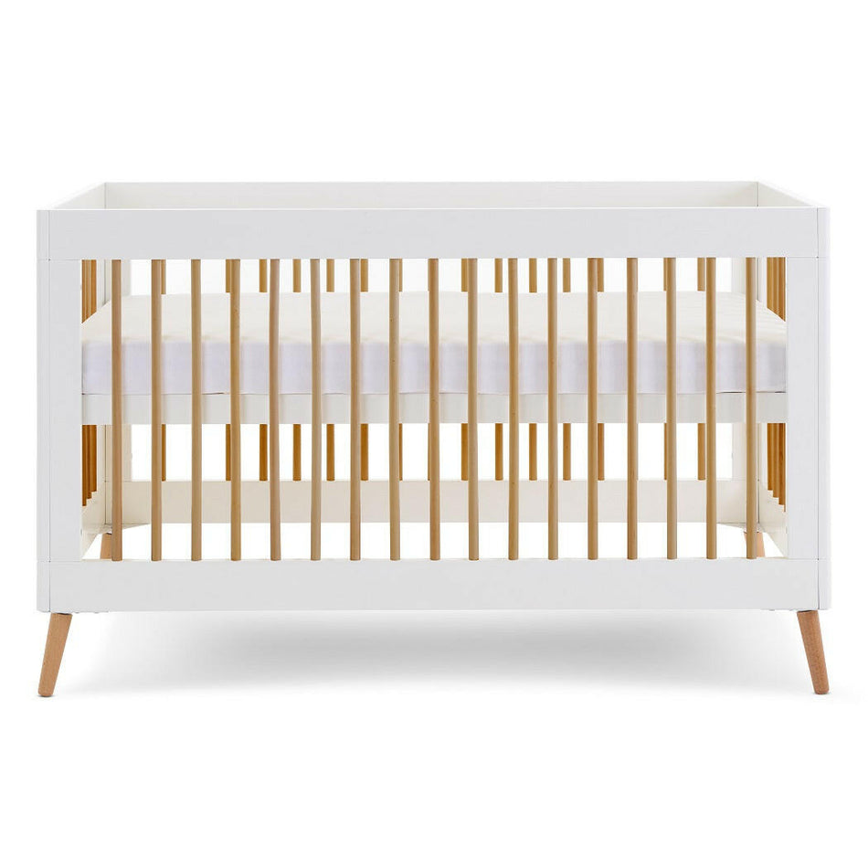 Obaby MAYA 2 Piece Room Set (White with Natural) - showing the cot with the mattress base at its highest level (mattress not included, available separately)