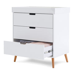 Obaby MAYA 2 Piece Room Set (White with Natural) - showing the changing unit and the interior of a drawer (blankets not included)