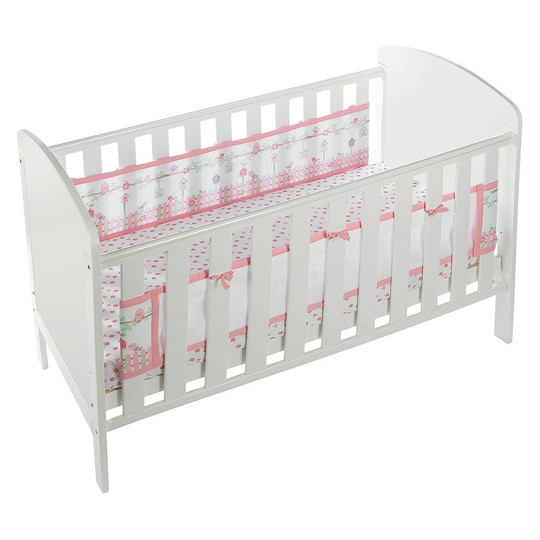 Breathable Baby Cot Bed Set (English Garden) - showing the mesh panels and fitted sheet on a cot bed (cot bed and mattress not included, available separately)