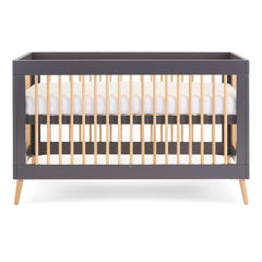 Obaby Maya Cot Bed (Slate with Natural) - showing the cot with the mattress base at its highest level (mattress not included, available separately)