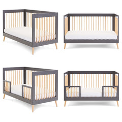 Obaby Maya Cot Bed (Slate with Natural) - shown here transitioning from a cot to a junior bed using the included safety rails (mattress not included, available separately)