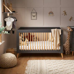 Obaby Maya Cot Bed (Slate with Natural) - lifestyle image, shown here as the cot (mattress and bedding not included)