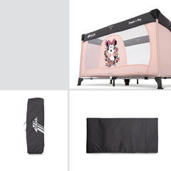Hauck Dream n Play Travel Cot (Disney - Minnie Sweetheart) - showing the travel cot with its included mattress and carry bag