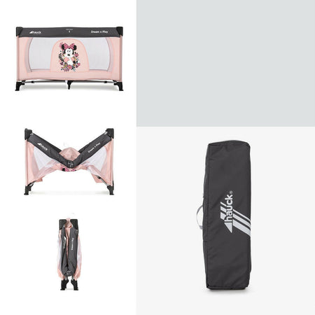 Hauck Dream n Play Travel Cot (Disney - Minnie Sweetheart) - showing the travel cot assembled, folded and stored in its carry bag