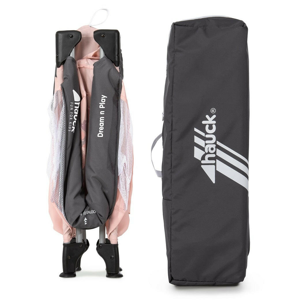 Hauck Dream n Play Travel Cot (Disney - Minnie Sweetheart) - showing the cot folded up and then stored within its carry bag