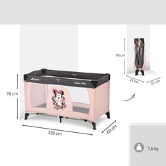 Hauck Dream n Play Travel Cot (Disney - Minnie Sweetheart) - showing the cot`s dimensions when assembled and folded