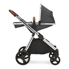 Ickle Bubba Eclipse Travel System with Galaxy Car Seat & ISOFIX Base (Chrome/Graphite/Tan) - showing the seat unit and chassis together as the pushchair in parent-facing mode with its seat fully reclined
