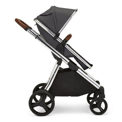 Ickle Bubba Eclipse Travel System with Galaxy Car Seat & ISOFIX Base (Chrome/Graphite/Tan) - showing a side view of the forward-facing pushchair