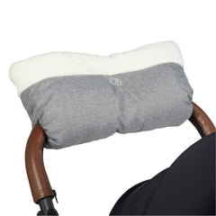 Ickle Bubba Pram Hand Muff (Grey) - lifestyle image, showing the muff fitted onto a pushchair`s handlebar