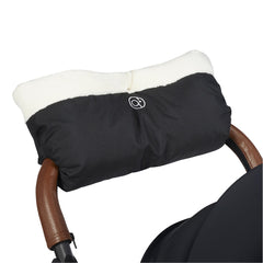 Ickle Bubba Pram Hand Muff (Black) - lifestyle image, showing the muff fitted onto a pushchair`s handlebar