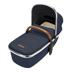 Ickle Bubba ECLIPSE Travel System with Galaxy Car Seat & ISOFIX Base (Chrome/Midnight Blue/Tan) - showing the carrycot with its matching apron