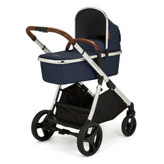Ickle Bubba ECLIPSE Travel System with Galaxy Car Seat & ISOFIX Base (Chrome/Midnight Blue/Tan) - showing the carrycot and chassis together as the pram