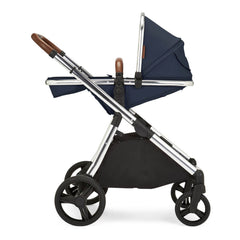 Ickle Bubba ECLIPSE Travel System with Galaxy Car Seat & ISOFIX Base (Chrome/Midnight Blue/Tan) - showing the seat unit and chassis together as the pushchair with the seat fully reclined in parent-facing mode
