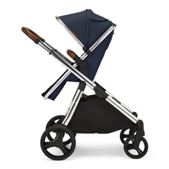Ickle Bubba ECLIPSE Travel System with Galaxy Car Seat & ISOFIX Base (Chrome/Midnight Blue/Tan) - showing the parent-facing pushchair with the seat upright