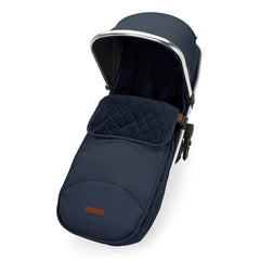 Ickle Bubba ECLIPSE Travel System with Galaxy Car Seat & ISOFIX Base (Chrome/Midnight Blue/Tan) - showing the included matching footmuff fitted onto the seat unit