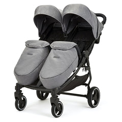 Ickle Bubba VENUS Double Stroller - Prime Bundle (Black/Space Grey/Black) - showing the stroller with the included matching footwarmers