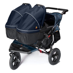 Out n About Nipper Double Carrycot - Hood Fabric (Royal Navy) - showing a double pushchair with two carrycots each fitted with the replacement hood fabric (carrycots and pushchair not included, available separately)