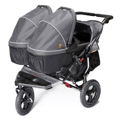 Out n About Nipper Double Carrycot - Hood Fabric (Steel Grey) - showing a double pushchair with two carrycots each fitted with the replacement hood fabric (carrycots and pushchair not included, available separately)