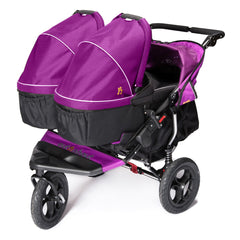 Out n About Nipper Double Carrycot - Hood Fabric (Purple Punch) - showing a double pushchair with two carrycots each fitted with the replacement hood fabric (carrycots and pushchair not included, available separately)