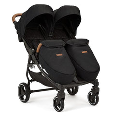 Ickle Bubba VENUS Double Stroller - Prime Bundle (Black/Black/Tan) - showing the stroller with the included matching footwarmers