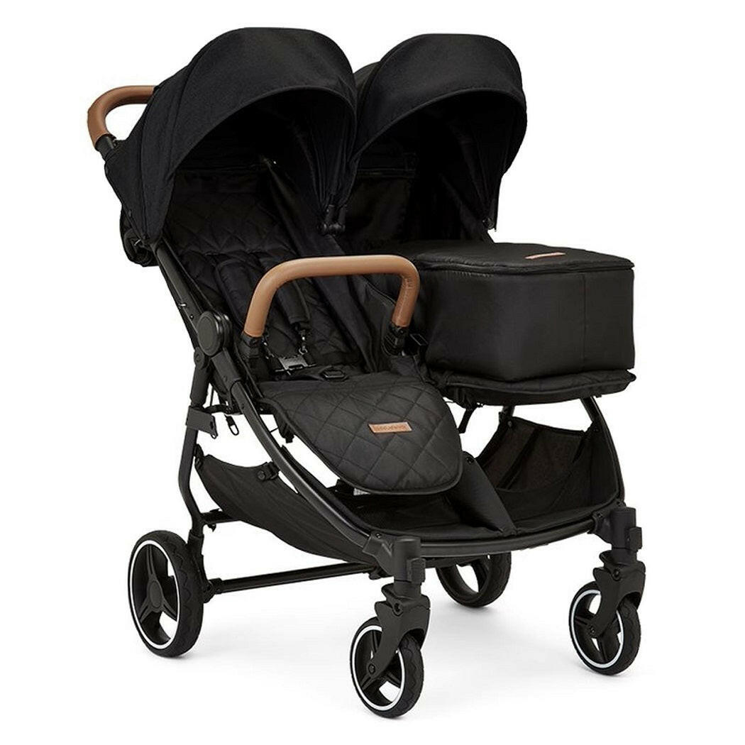Ickle Bubba VENUS Double Stroller - Prime Bundle (Black/Black/Tan) - showing the stroller with the newborn cocoon fitted to one seat