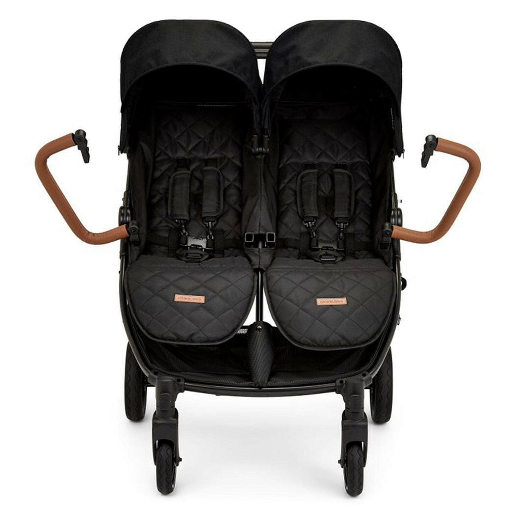 Ickle Bubba VENUS Double Stroller - Prime Bundle (Black/Black/Tan) - showing the gate-opening bumper bars