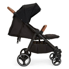 Ickle Bubba VENUS Double Stroller - Prime Bundle (Black/Black/Tan) - side view, showing the stroller with both seats fully reclined and leg rests raised