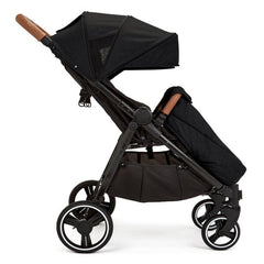 Ickle Bubba VENUS Double Stroller - Prime Bundle (Black/Black/Tan) - side view, showing the seats upright with the hoods fully extended