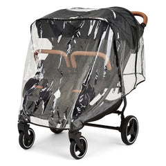 Ickle Bubba VENUS Double Stroller - Prime Bundle (Black/Black/Tan) - showing the stroller with the included protective raincover