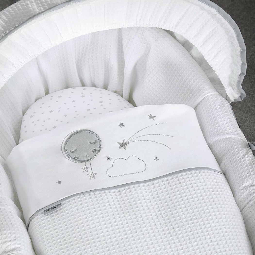 Clair de Lune Over The Moon Moses Basket - Grey Wicker Grey - showing the basket`s lining, fitted sheet and coverlet