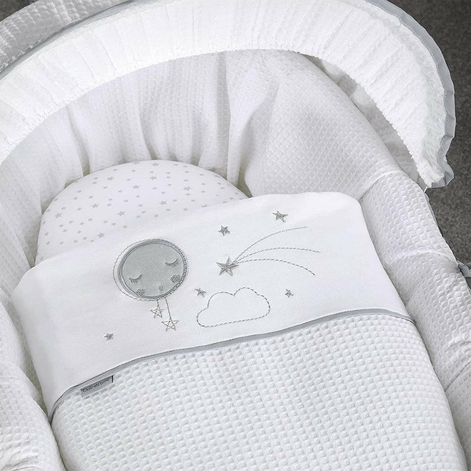 Clair de Lune Over The Moon Moses Basket - Grey Wicker Grey - showing the basket`s lining, fitted sheet and coverlet