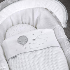 Clair de Lune Over The Moon Moses Basket - Grey Wicker Grey - showing the basket`s lining, fitted sheet and coverlet