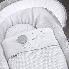 Clair de Lune Over The Moon Moses Basket (Grey Wicker Grey) - showing the basket`s lining, fitted sheet and coverlet