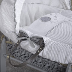 Clair de Lune Over The Moon Moses Basket (Grey Wicker Grey) - showing the basket`s bedding and carrying handle