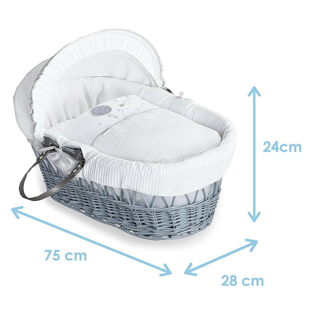 Clair de Lune Over The Moon Moses Basket - Grey Wicker Grey - showing the basket`s dimensions