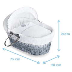 Clair de Lune Over The Moon Moses Basket - Grey Wicker Grey - showing the basket`s dimensions