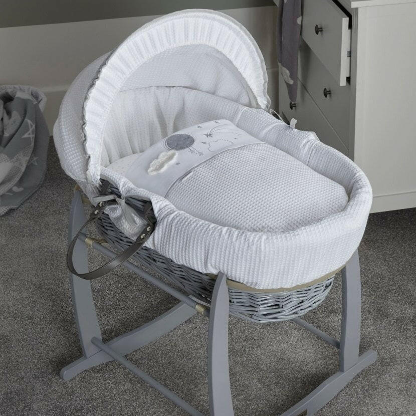 Clair de Lune Over The Moon Moses Basket - Grey Wicker Grey) - lifestyle image (rocking stand not included, available separately)
