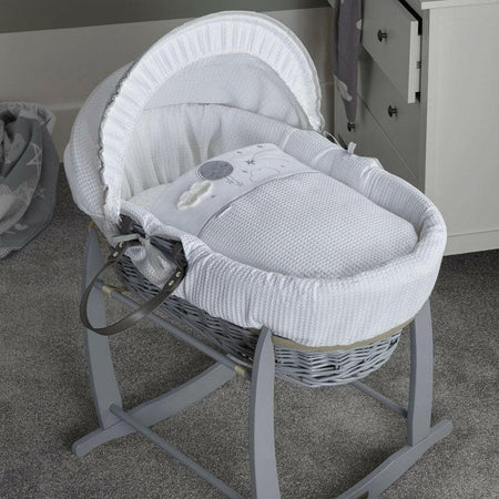 Clair de Lune Over The Moon Moses Basket - Grey Wicker Grey) - lifestyle image (rocking stand not included, available separately)