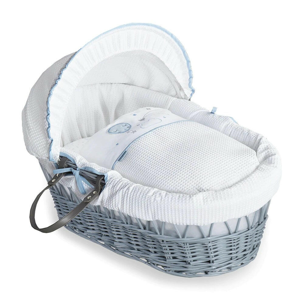 Clair de Lune Over The Moon Moses Basket - Grey Wicker Blue
