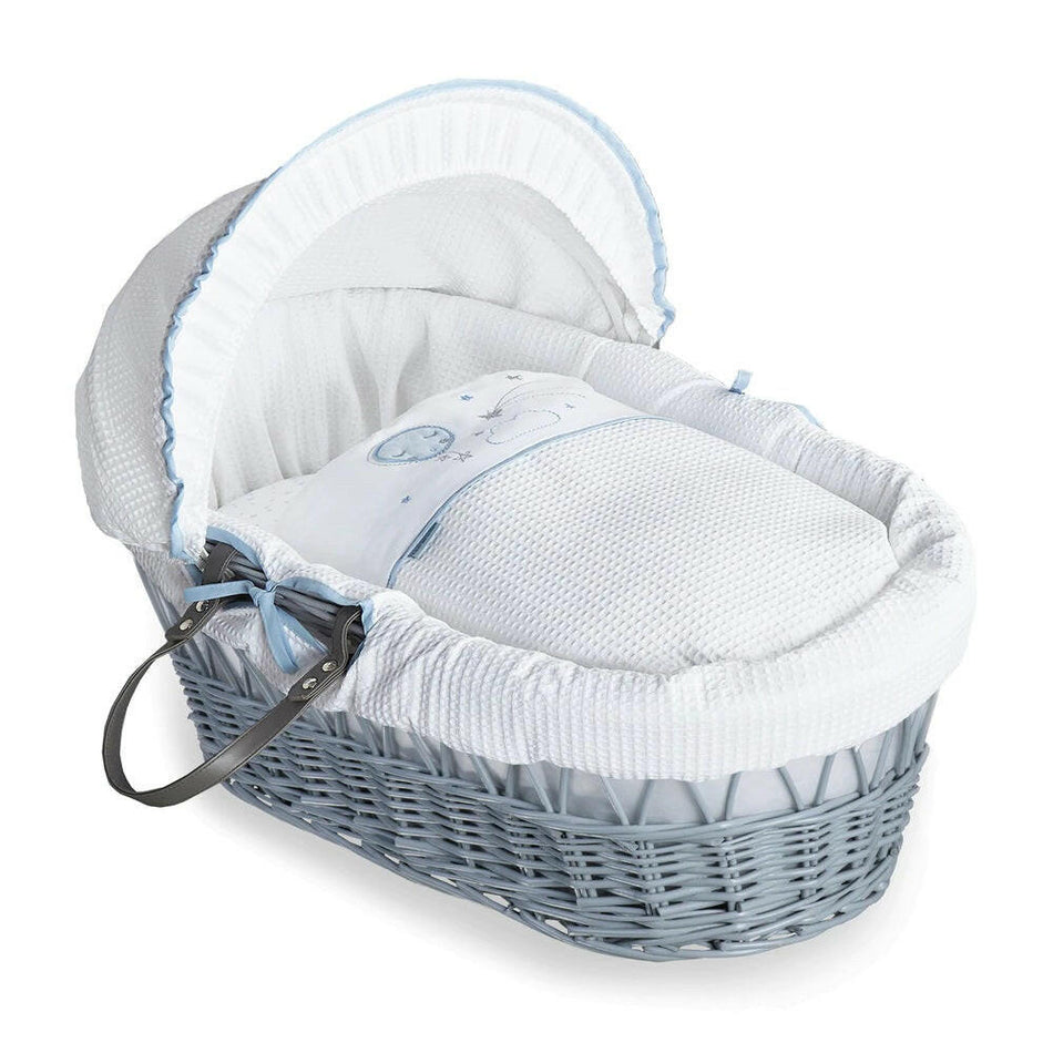 Clair de Lune Over The Moon Moses Basket - Grey Wicker Blue
